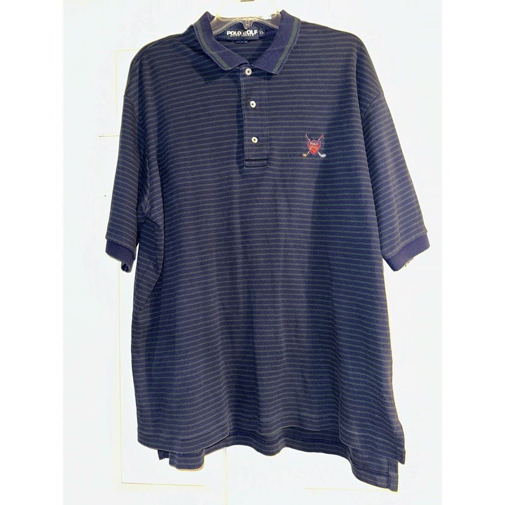 Ralph‎ Lauren Polo Golf XL Vintage Cross Club Logo Blue Green Stripe 100% Cotton